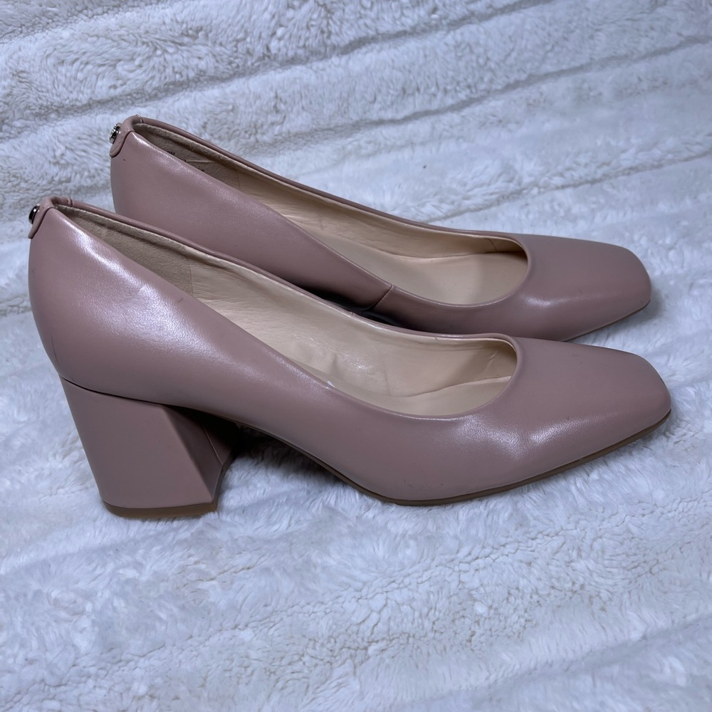 Nine West Women's Square Toe Leather Pumps Block Heels Shoes 9 M Nude